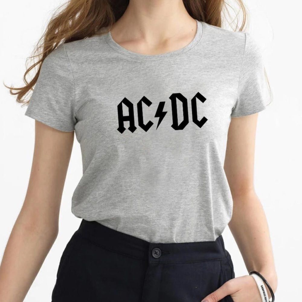 NEW Gray Crew Neck Short Sleeve Black Graphic Festival Concert AC DC T Shirt